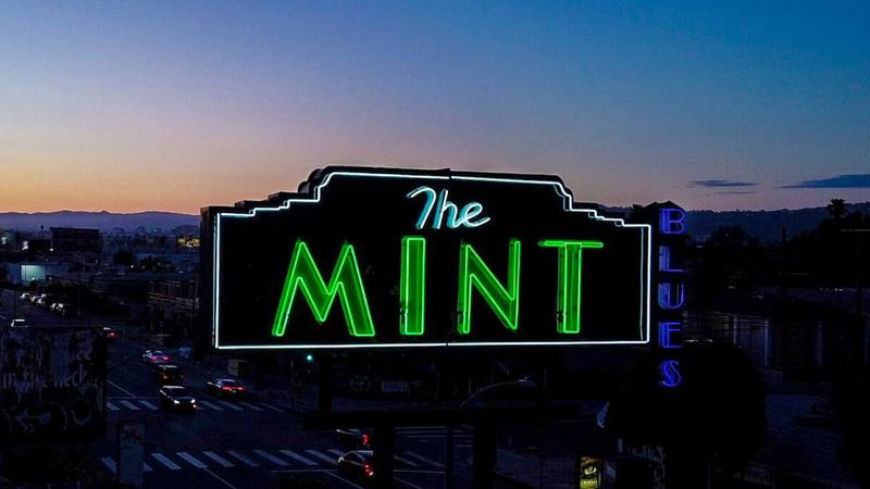 The Mint’s neon sign at dusk, Los Angeles