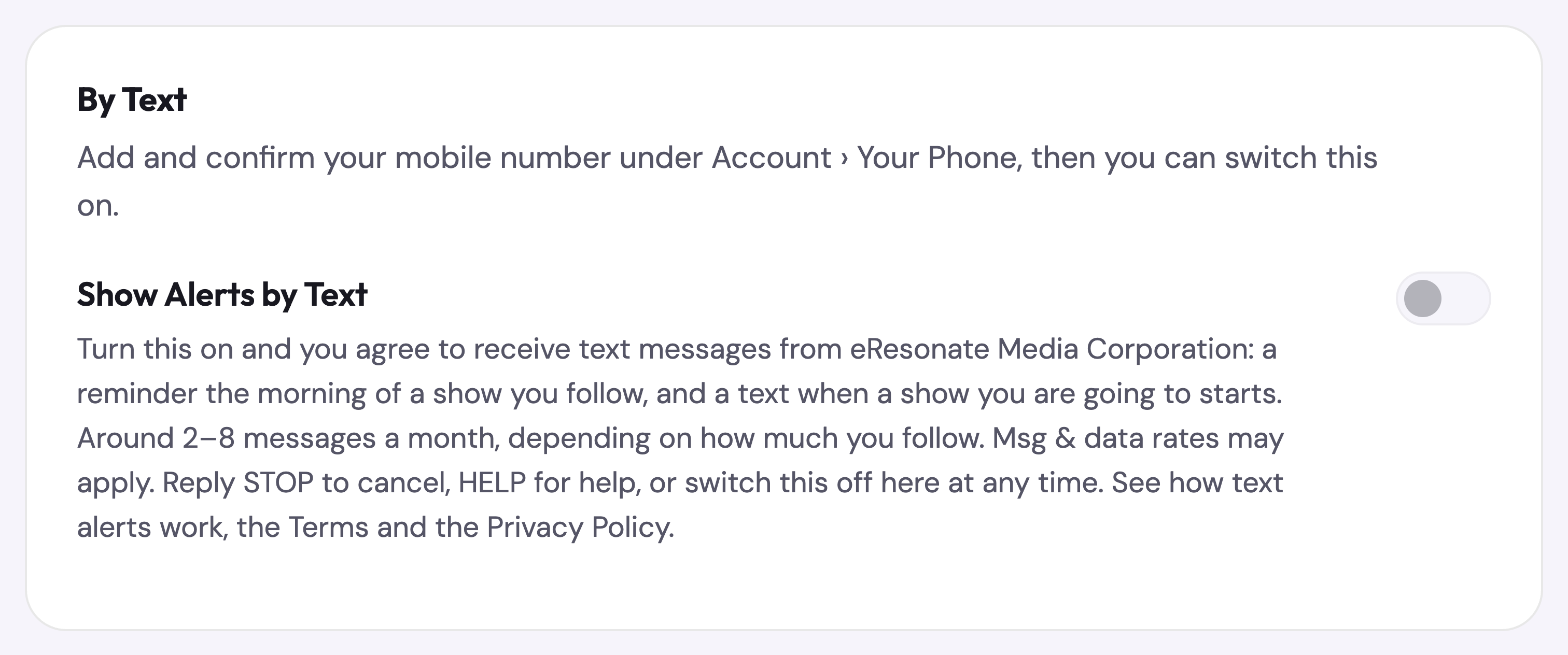 The Show Alerts by Text switch in Settings and Privacy, with the consent wording beside it.